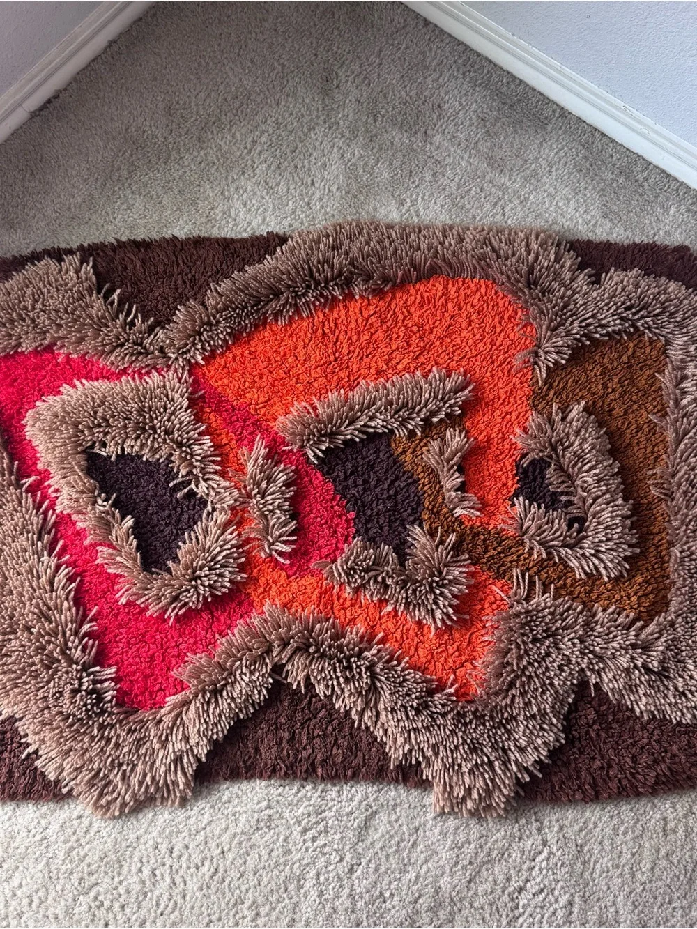 VTG Scandinavian Style Rya Shag Pile Rug Abstract Geometric Art Deco Design 70’s